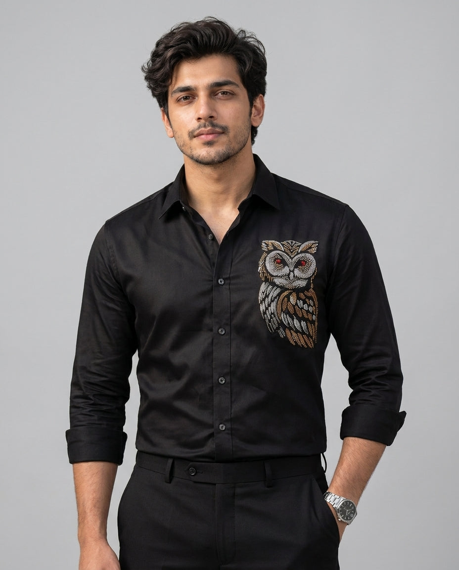 Hand embroidered Night Owl Black shirt