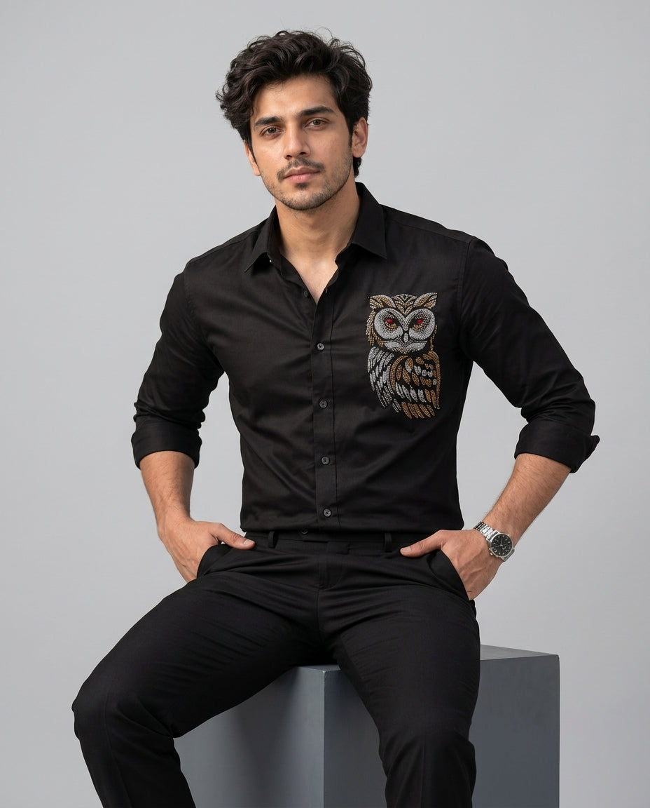 Hand embroidered Night Owl Black shirt