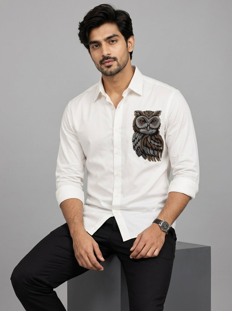 Hand embroidered Night Owl White shirt
