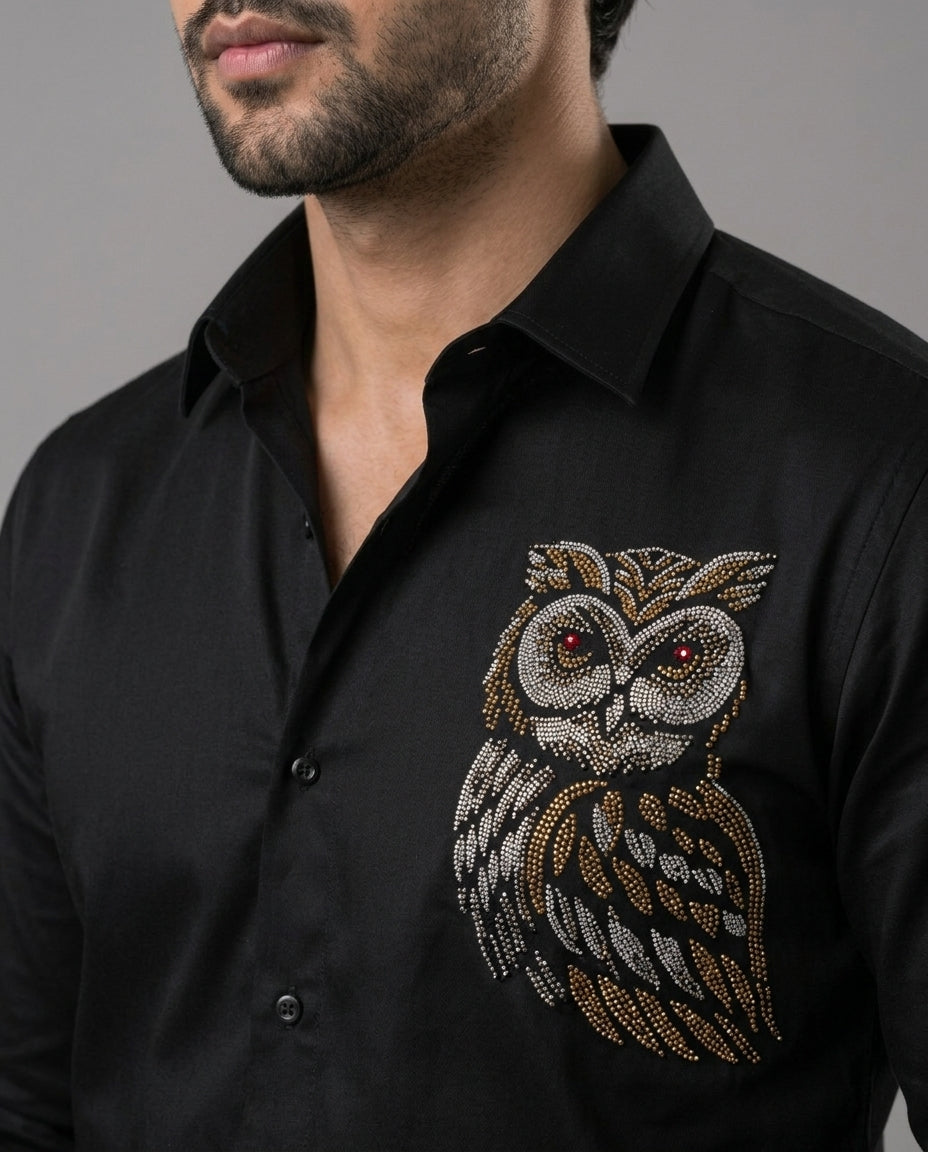 Hand embroidered Night Owl Black shirt