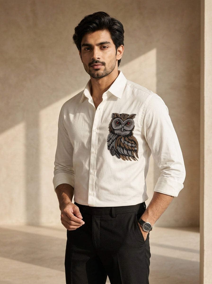 Hand embroidered Night Owl White shirt
