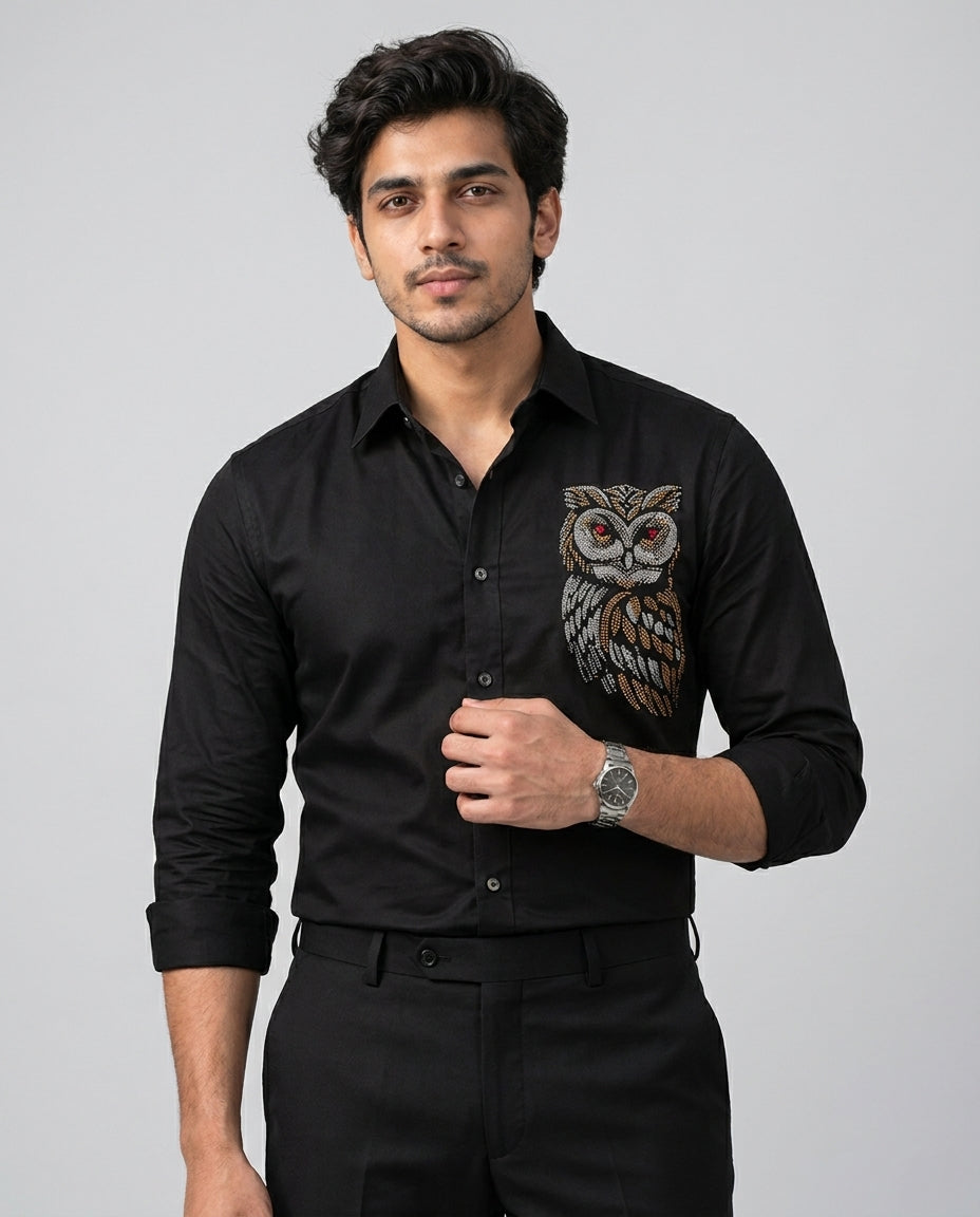 Hand embroidered Night Owl Black shirt