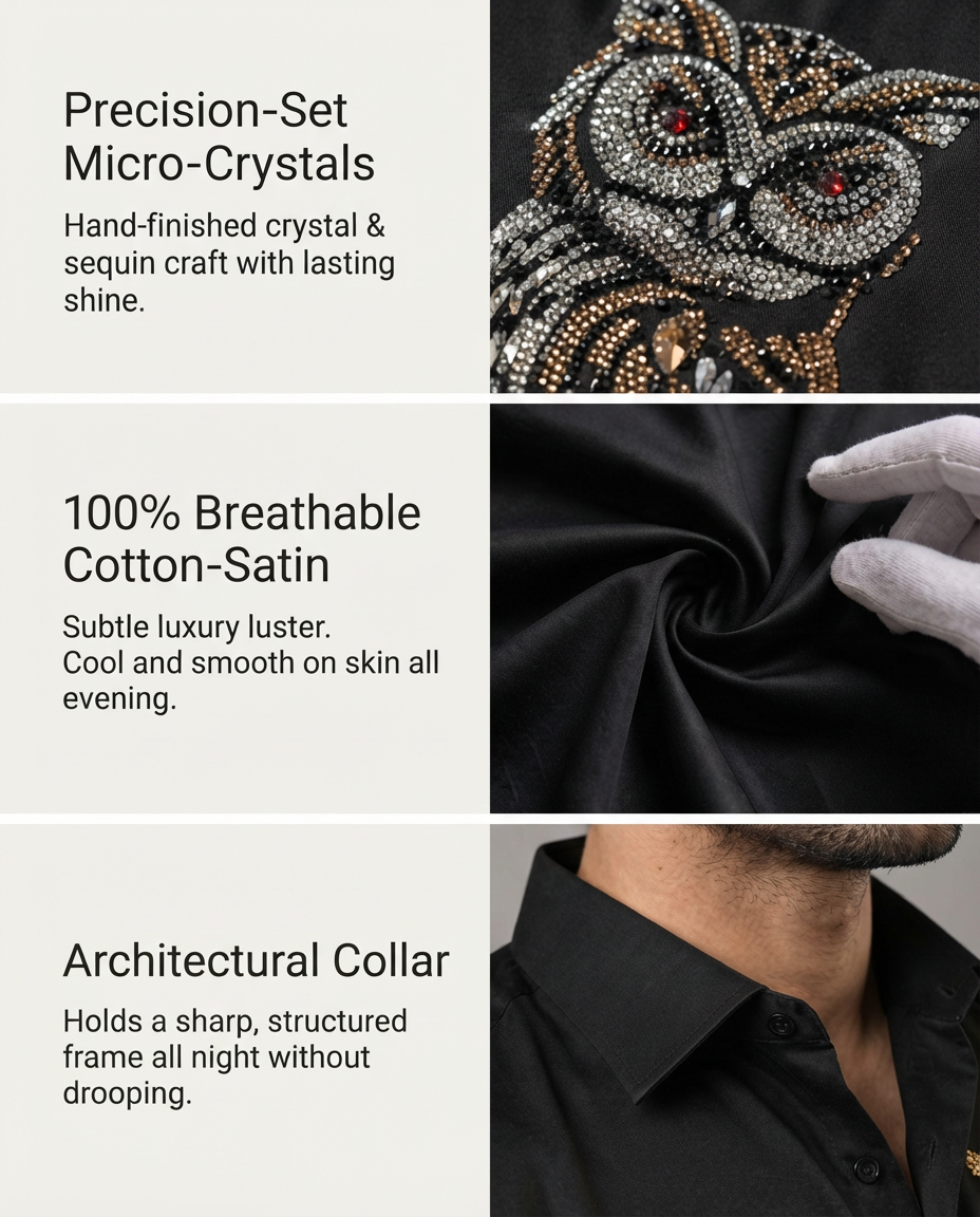 Hand embroidered Night Owl Black shirt