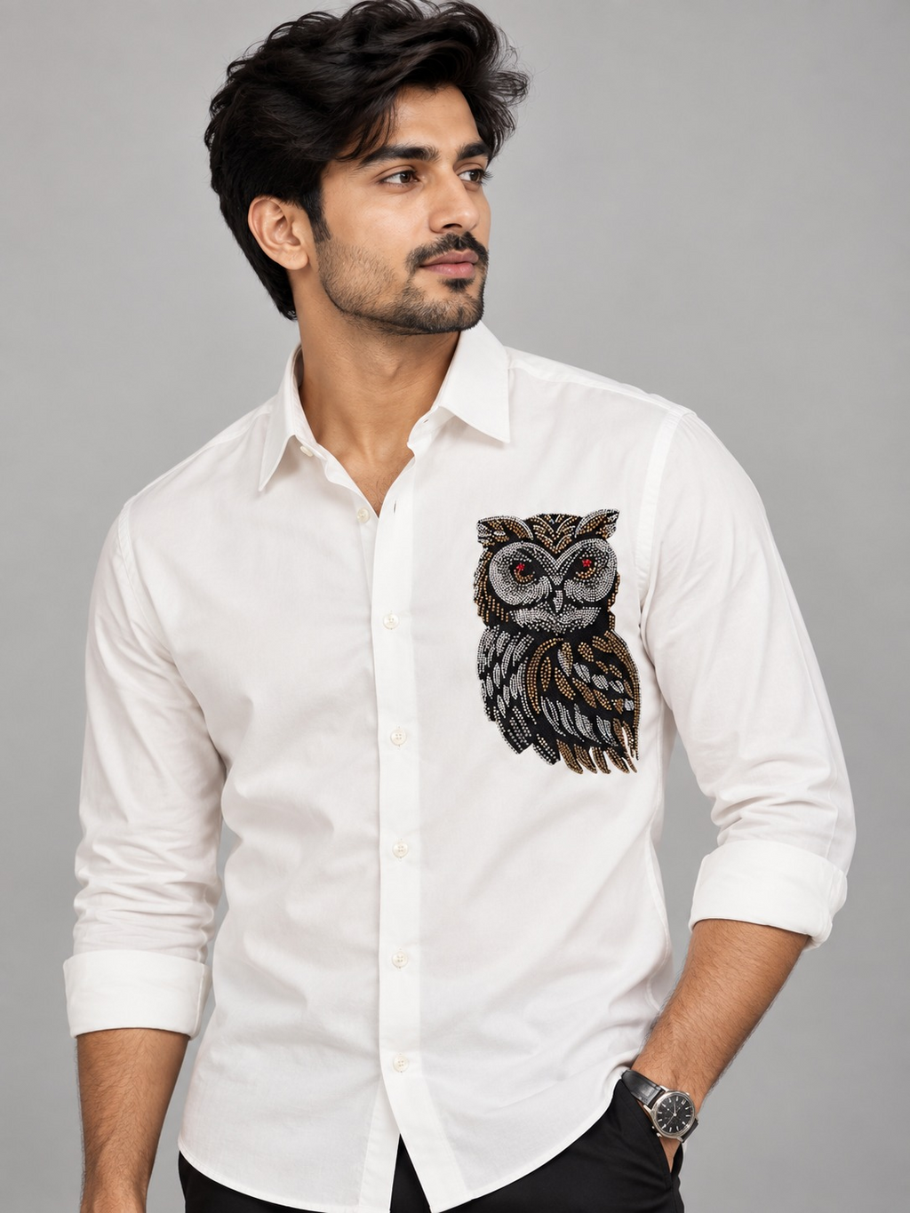 Hand embroidered Night Owl White shirt