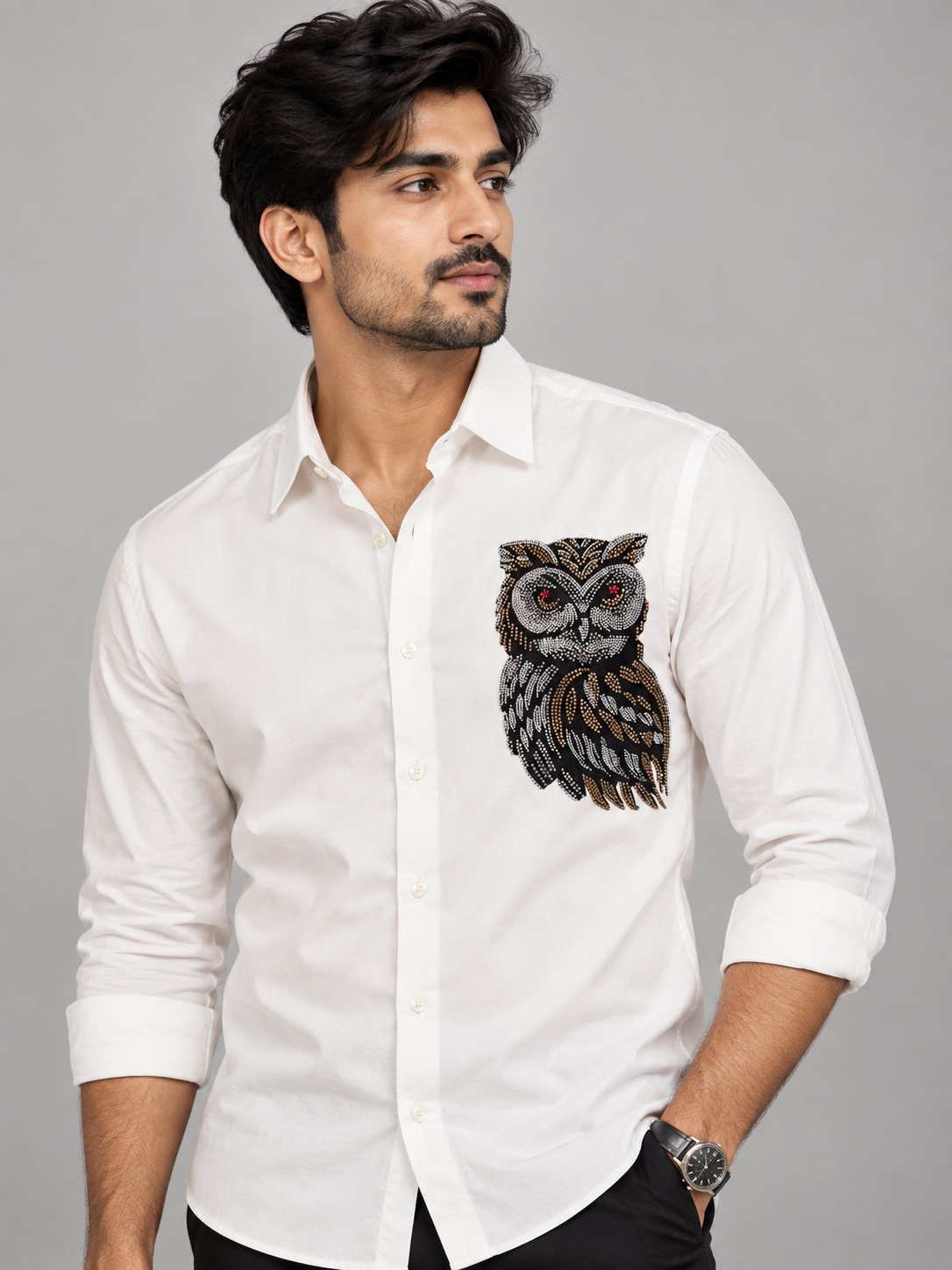 Hand embroidered Night Owl White shirt