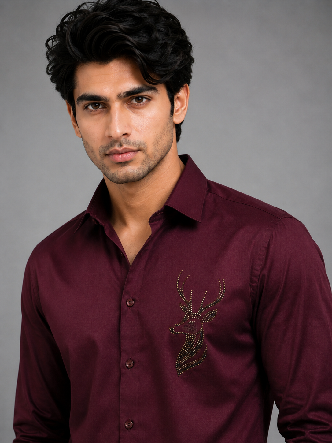 Stellar Stag Maroon Hand-Crafted Shirt