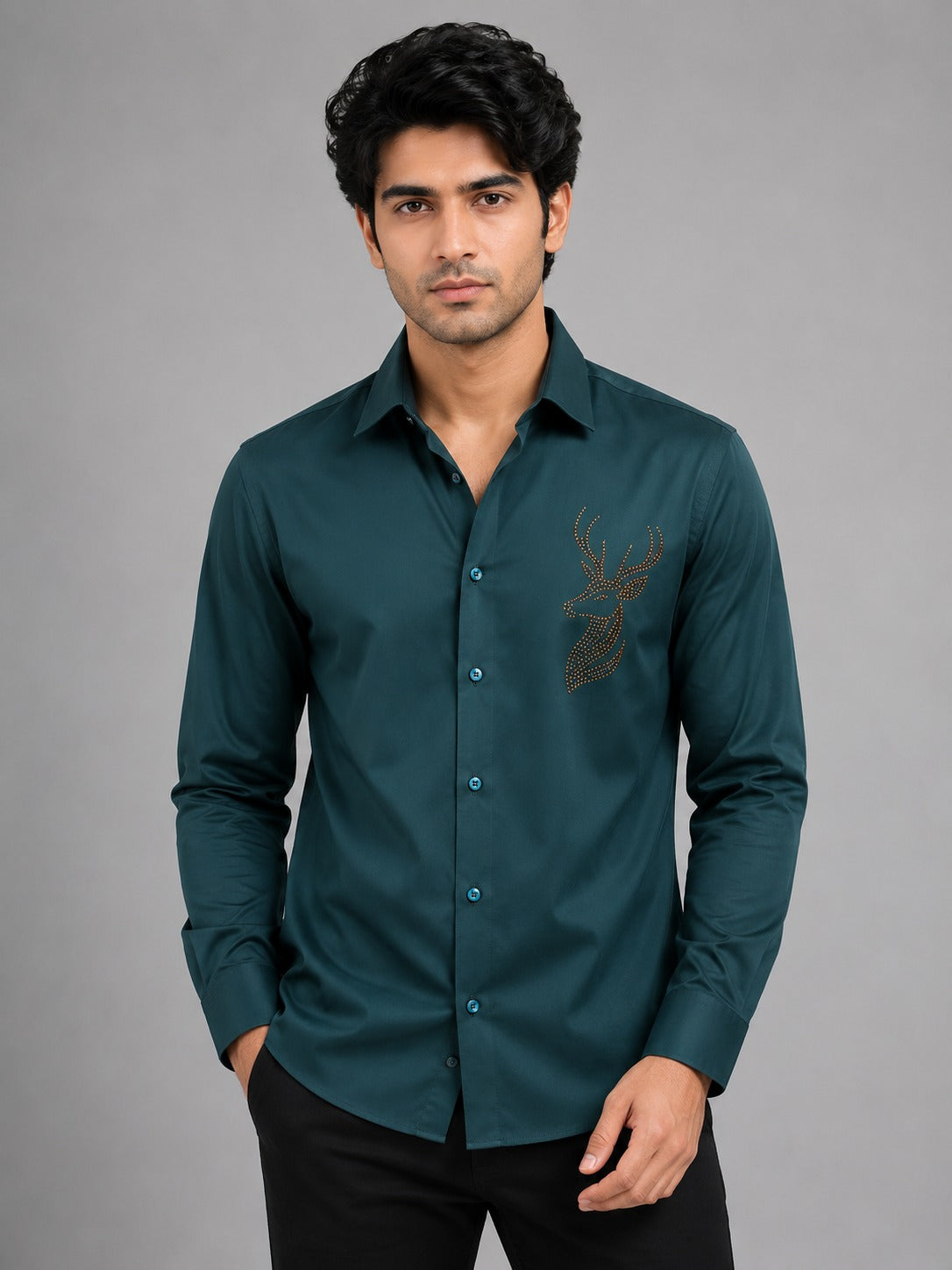 Stellar Stag Green Hand-Crafted Shirt