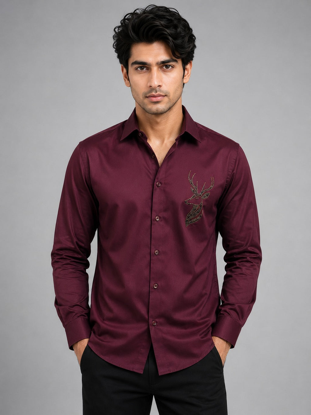 Stellar Stag Maroon Hand-Crafted Shirt