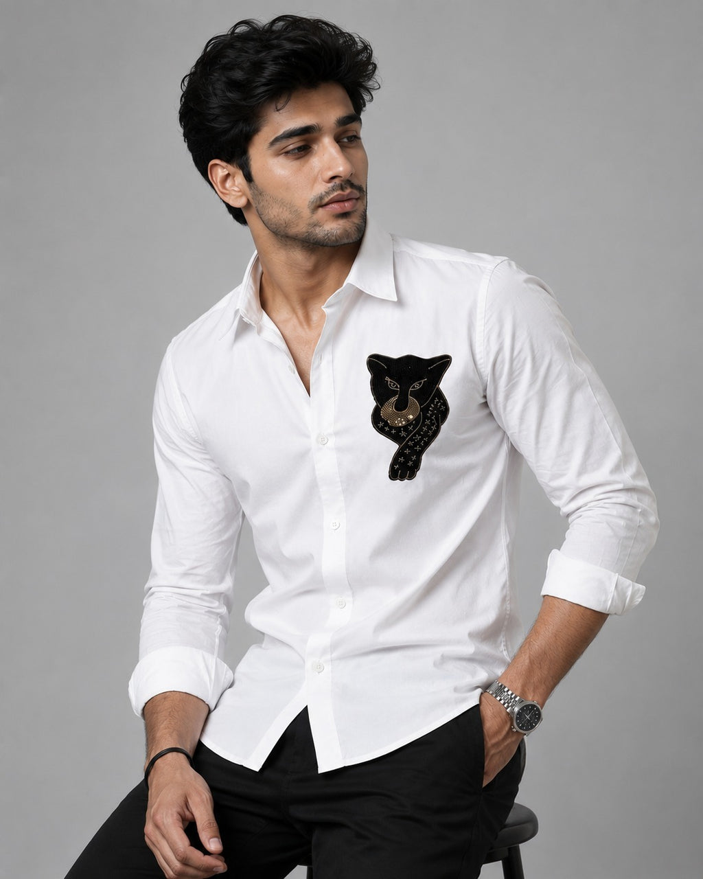 Black Panther White Embroidered Shirt