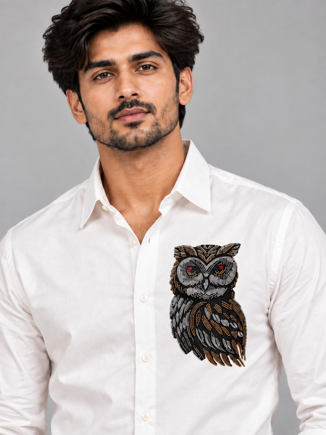 Hand embroidered Night Owl White shirt