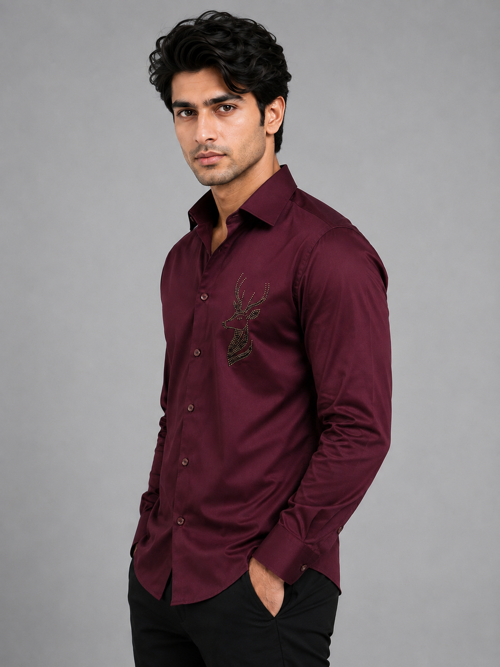 Stellar Stag Maroon Hand-Crafted Shirt