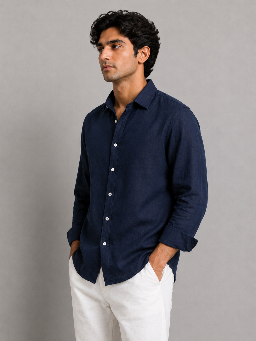 Navy Blue Linen Shirt