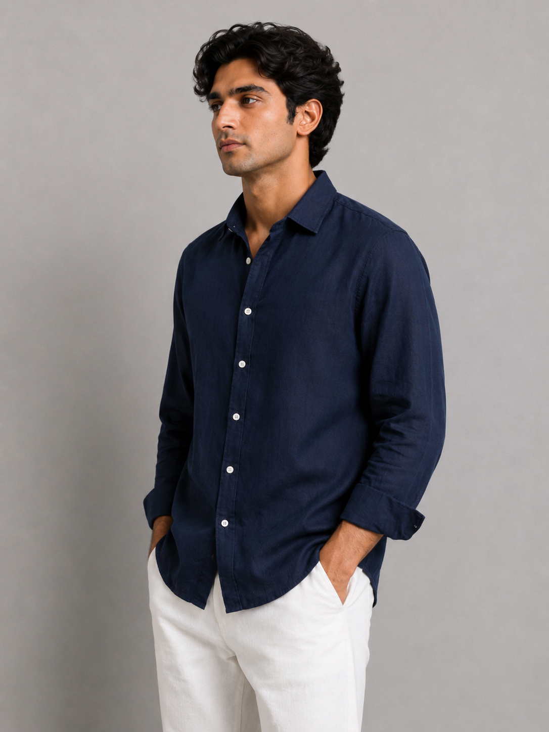 Navy Blue Linen Shirt